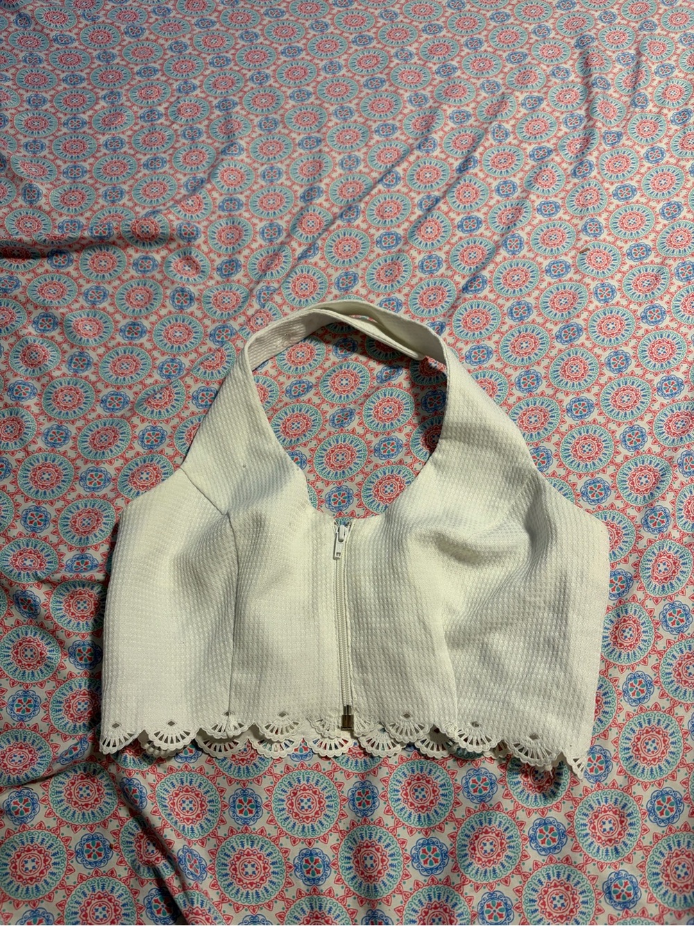 White Halter Crop Top with Scallop Trim